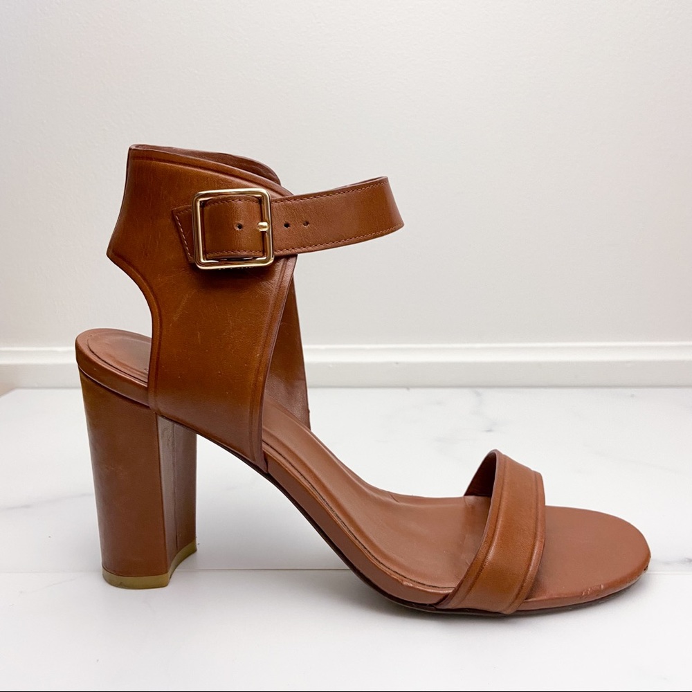 Women's Tan Leather Block Heel Sandal with Ankle Strap